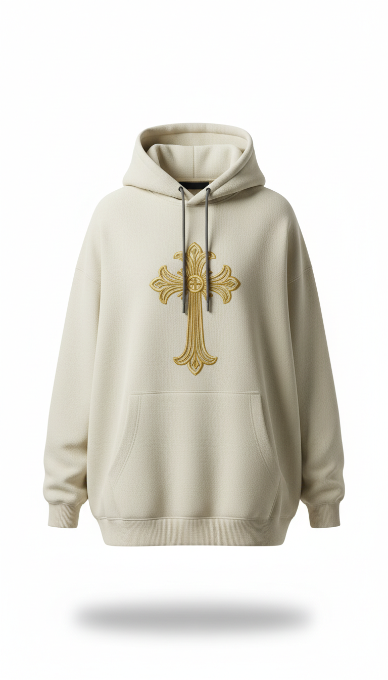 Heavyweight Hoodie With Gold Embroidered Cross